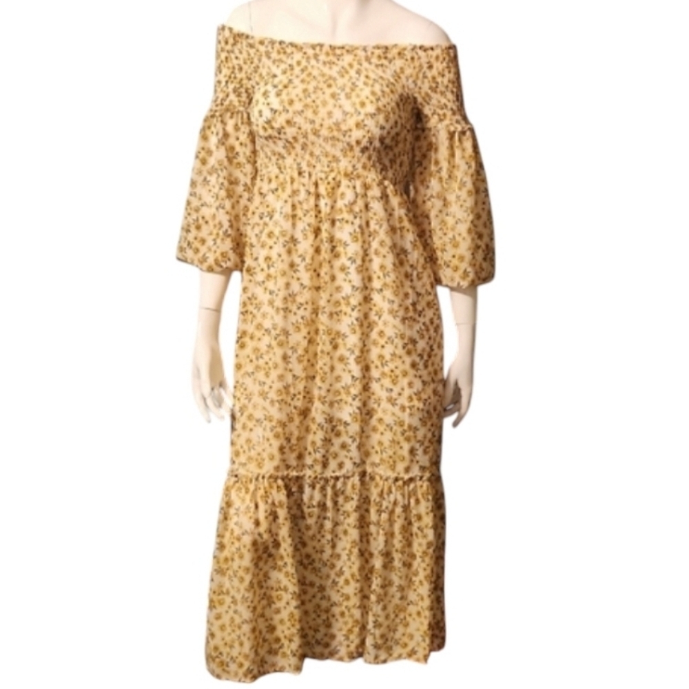 Justify Floral Off-Shoulder Smocked Bodice Tiered Yellow Maxi Dress